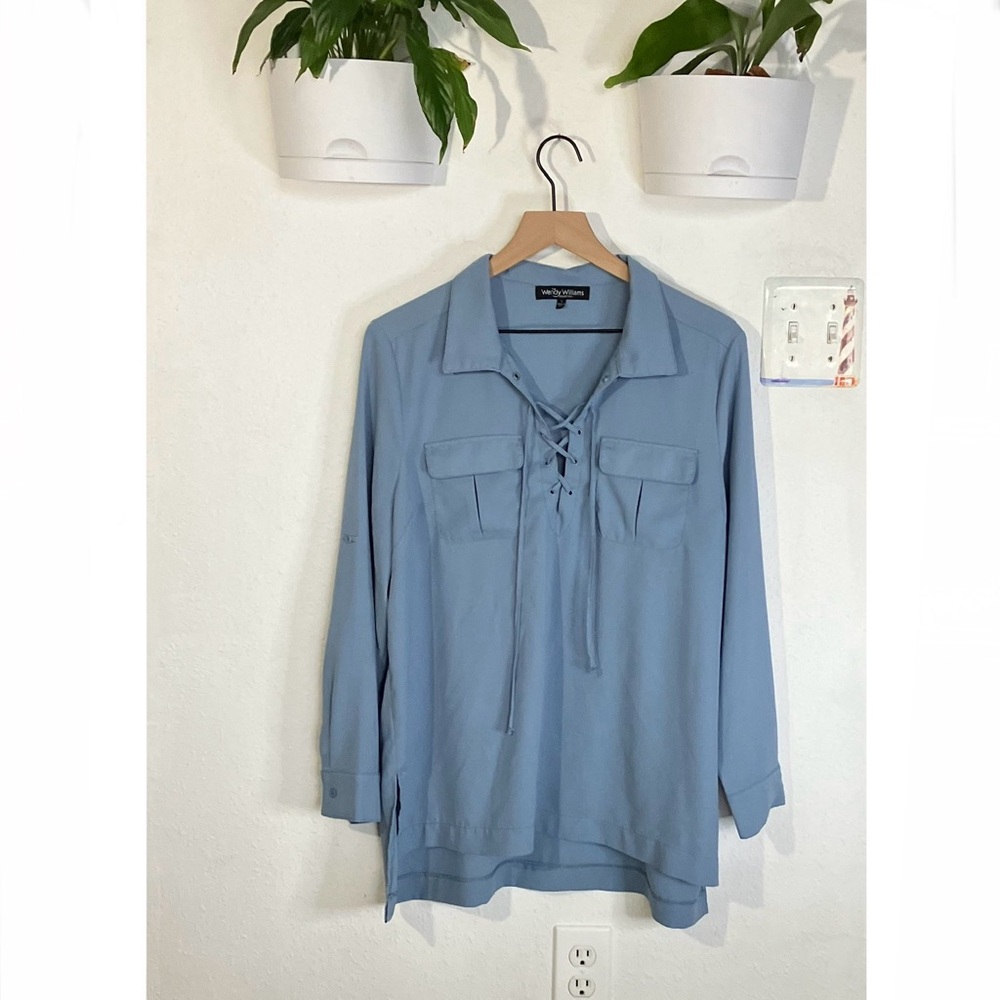 Wendy Williams Lace Up Blue Blouse